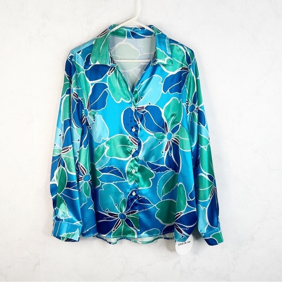 [Shein] Allover Floral Print Satin Button Down - Picture 1 of 3